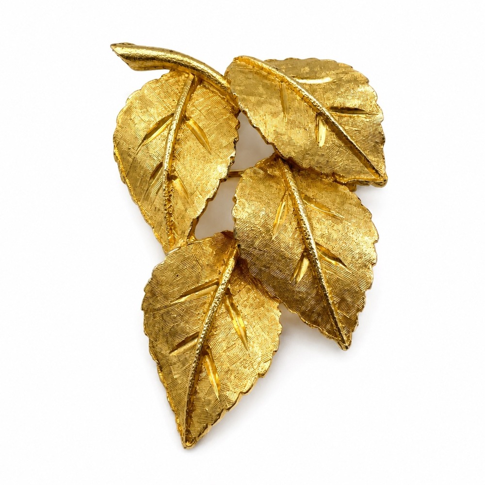 Vintage BSK Gold Tone Textured Four Leaf‎ Cluster Brooch Pin Mid Century Modern